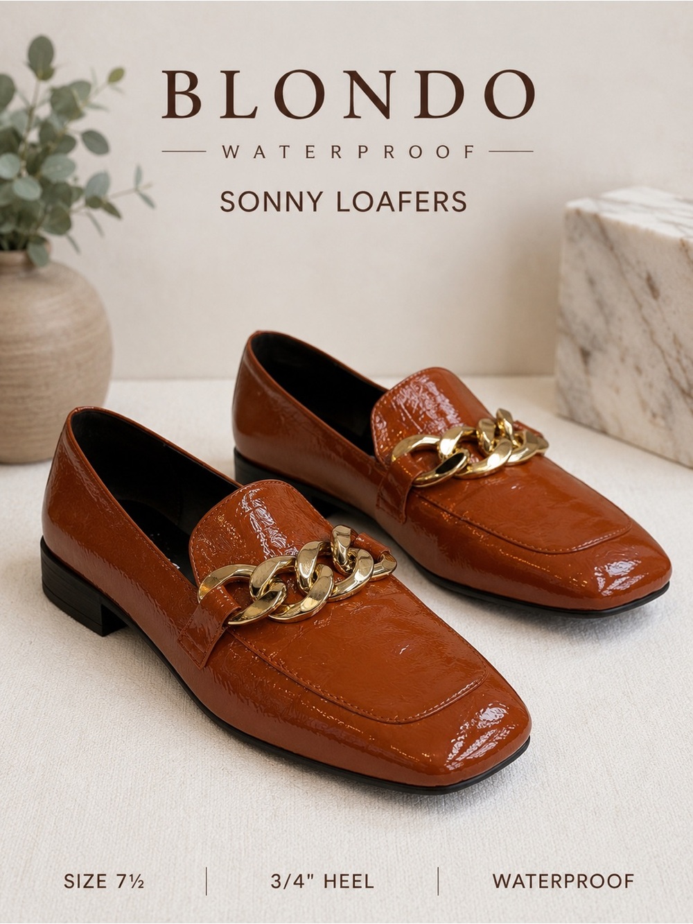 Blondo Sonny Waterproof Loafers Cognac Patent Chain Flats Size 7.5